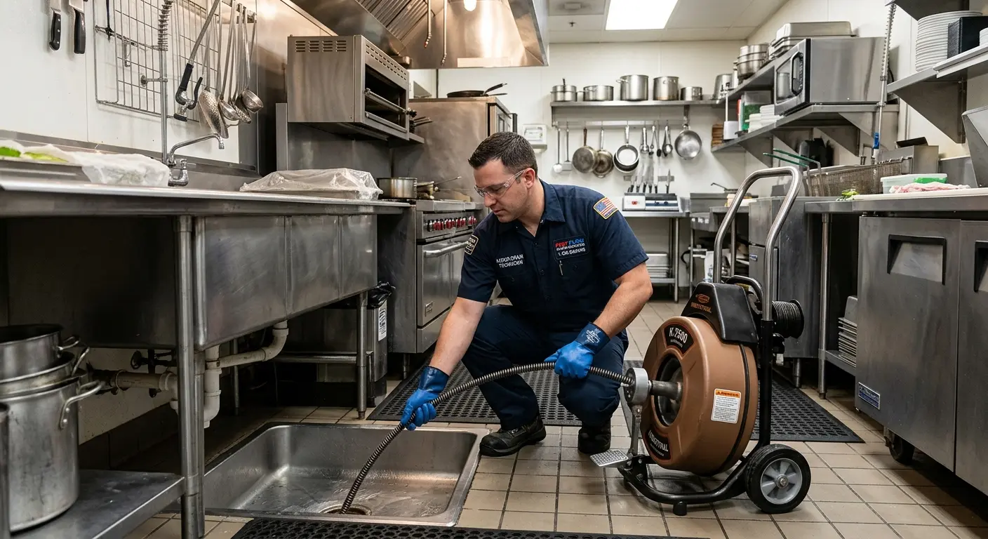 Commercial drain cleaning service in a restaurant kitchen in Wichita