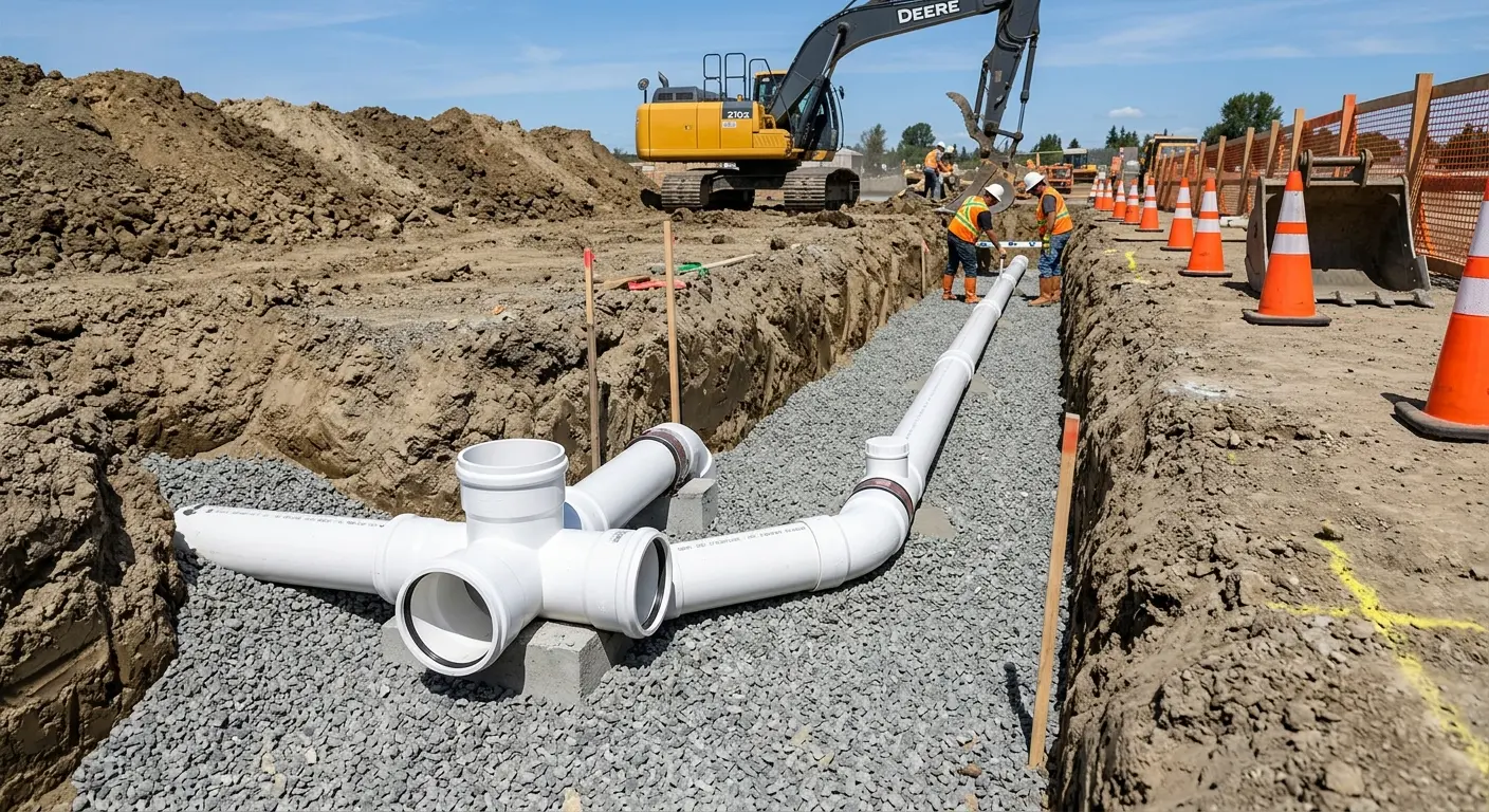 New PVC sewer pipe installation in open trench for Commercial Drain Cleaning in Wichita