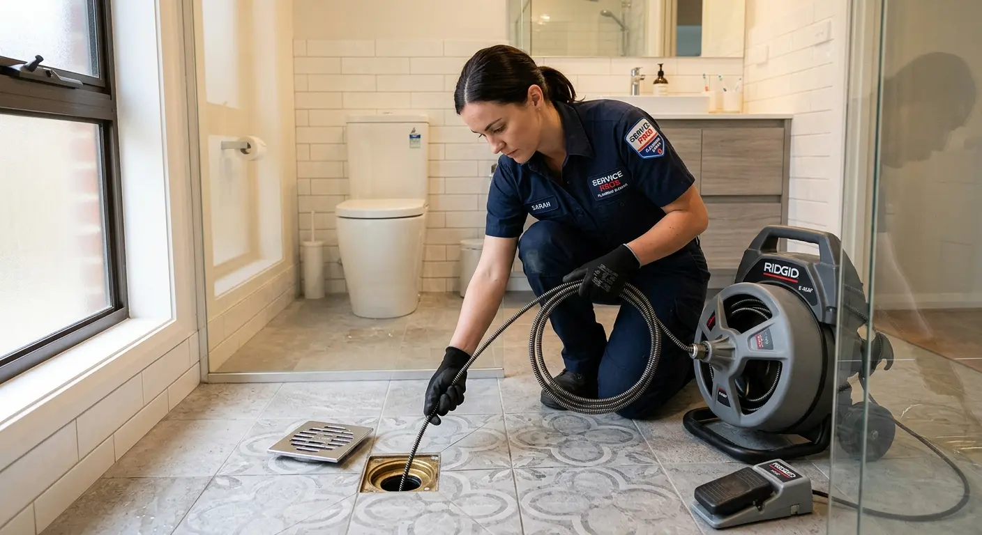 Technician clearing a bathroom floor drain for Sewer Line Replacement in Wichita